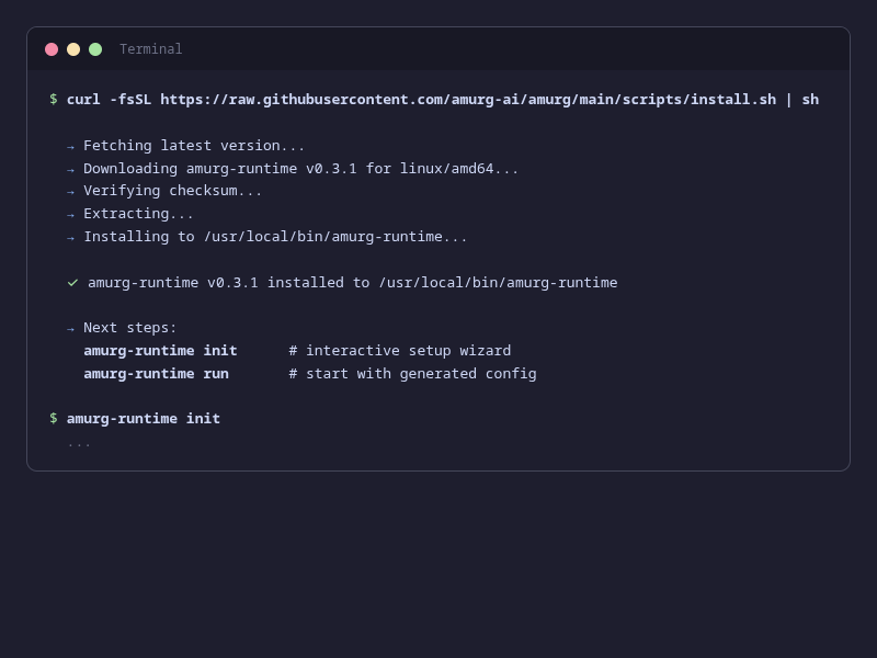 Install script output showing OS detection, download, checksum verification, and installation
