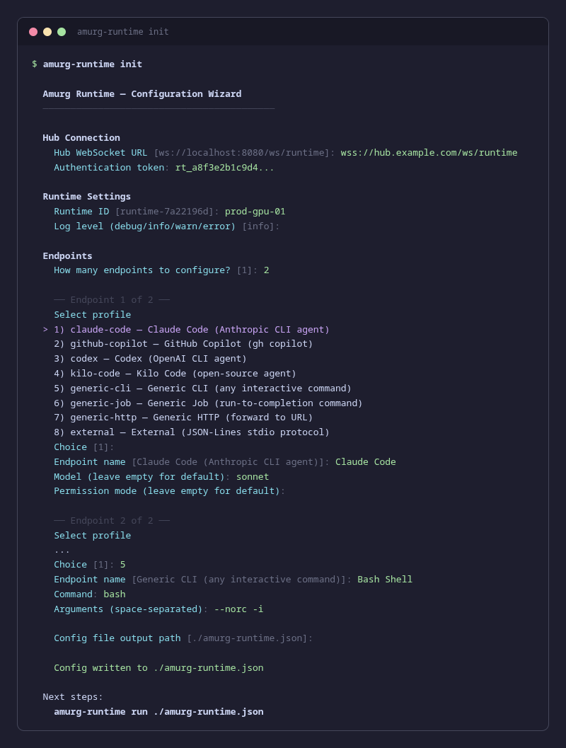 Runtime init wizard showing interactive prompts for hub URL, token, runtime ID, and agent configuration